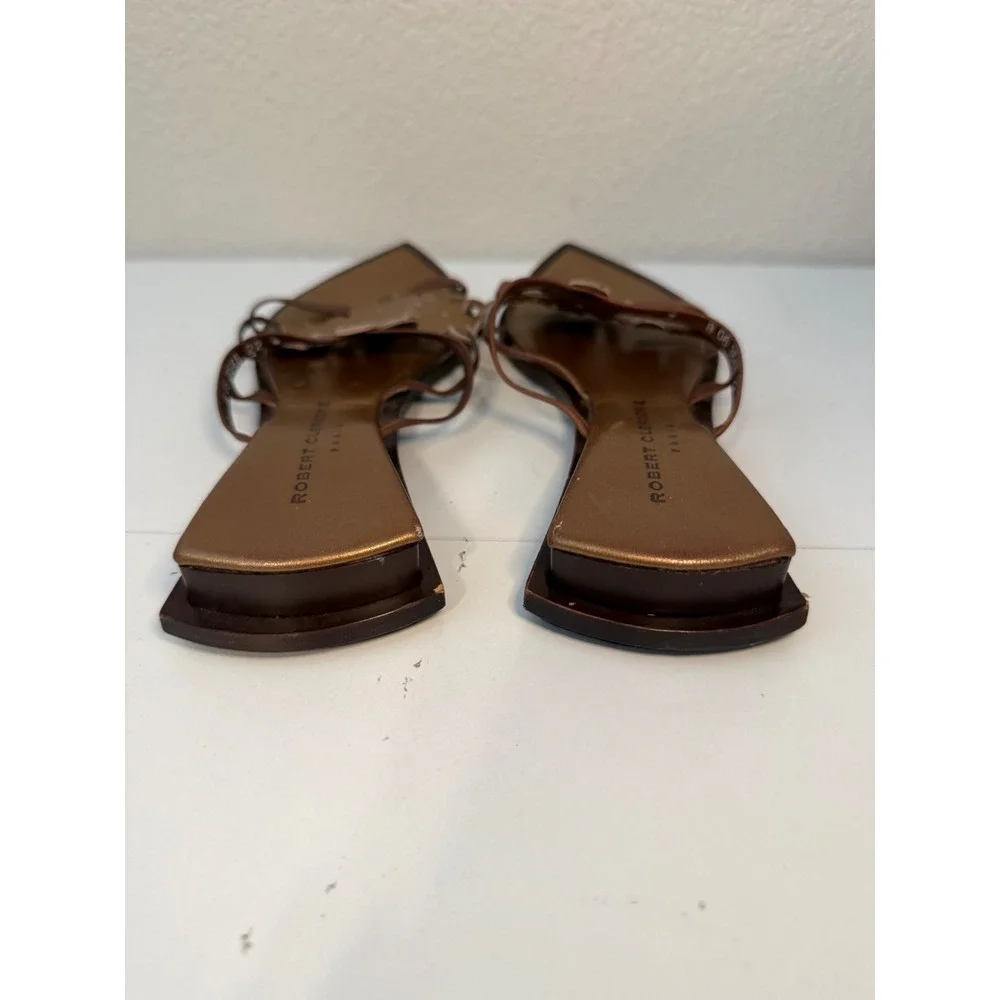 Robert Clergerie Paris Leather Floral Strappy Flat Sandals Brown Bronze Size 7